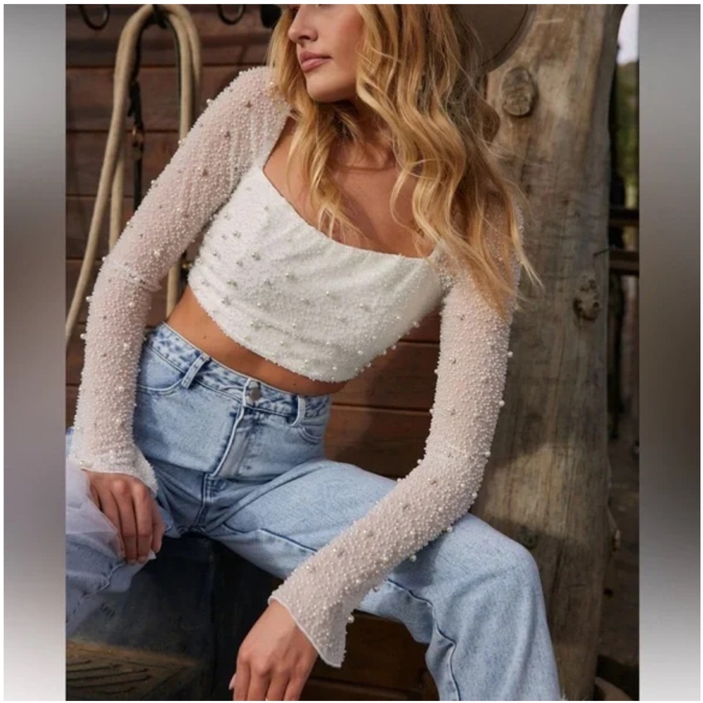 12th tribe white pearl embellished top